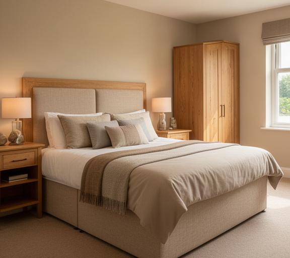 Habitación de hotel rural terminada con cama, cabecero, mesillas y armario