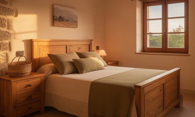 Habitación de casa rural con cama y mobiliario de madera recién instalado