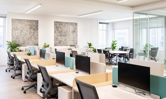 Puestos de trabajo alineados en una sala de coworking recién montada