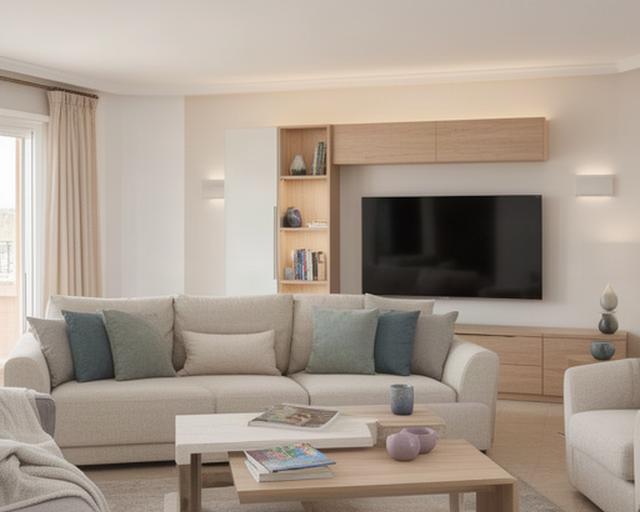Salón amueblado con sofá, mesa y mueble de televisión después del montaje