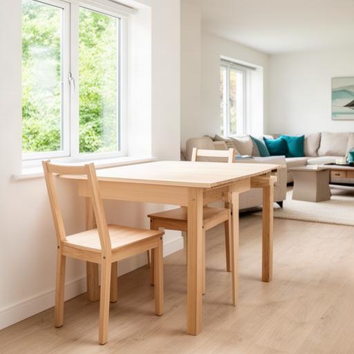 Salón de vivienda turística con mesa y sillas montadas junto a una ventana