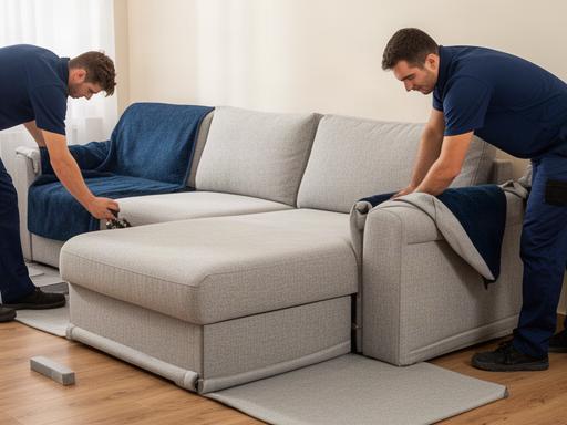 Montaje de un sofá con chaise longue protegido junto a una pared