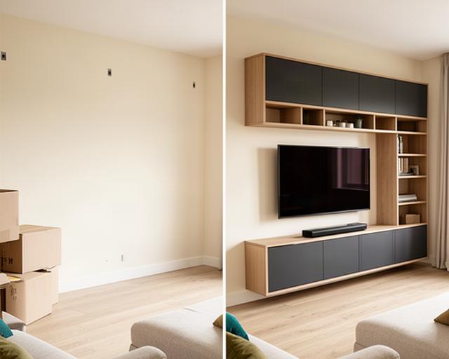 Salón comedor con cajas junto a la pared y composición de televisión con estanterías ancladas después