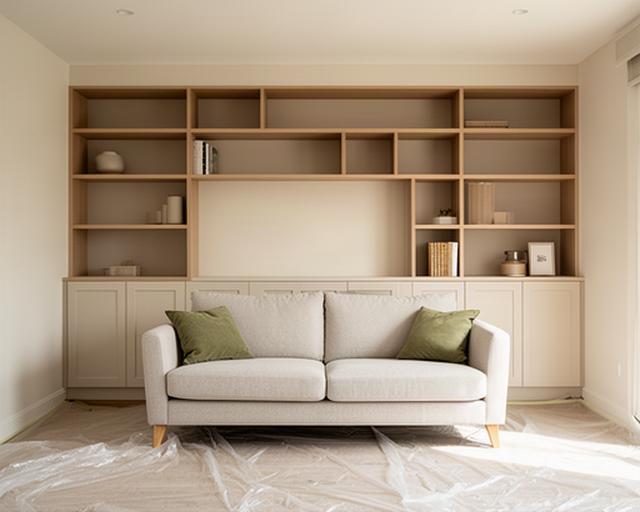Salón recién amueblado con estantería modular, sofá claro y suelo protegido durante el montaje